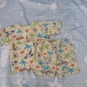 Peanuts Kids Set with Surfing Snoopy Print - Cream and Green